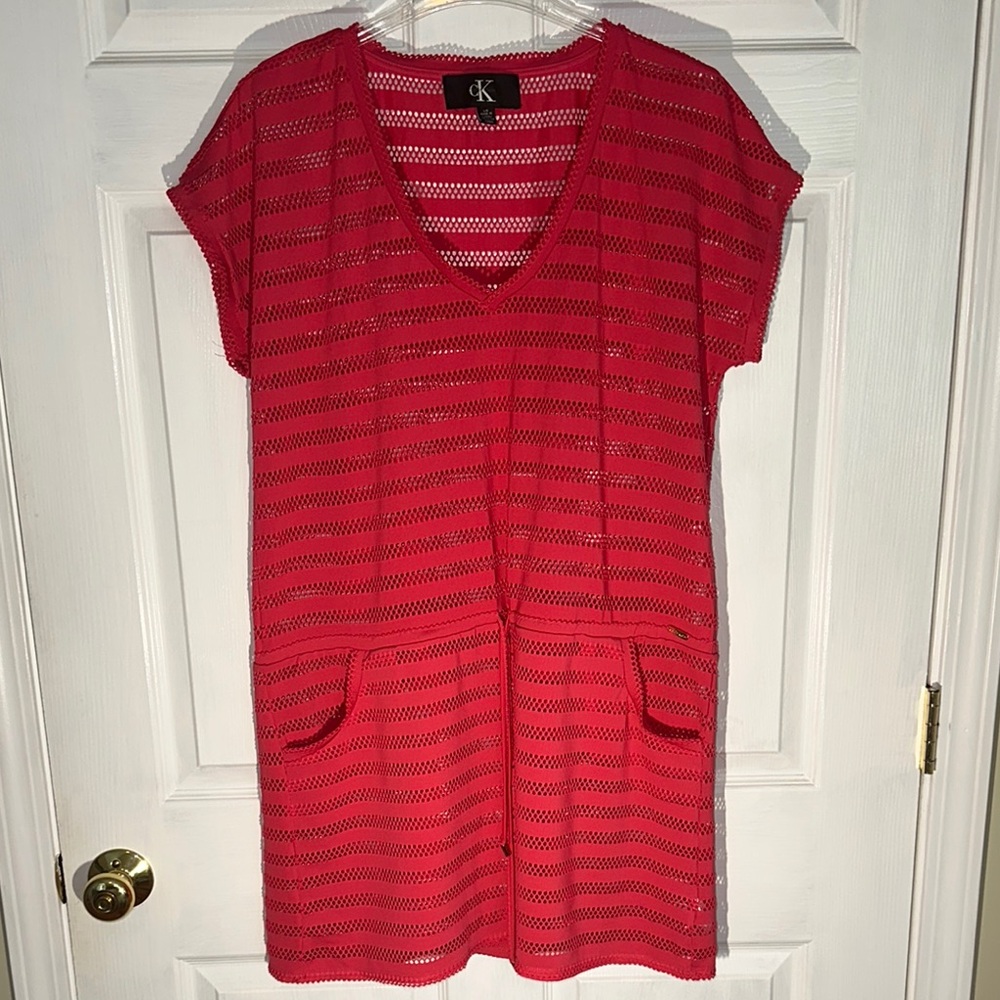 Calvin Klein Women Swim Beach Mesh Coverup Cover Up Pockets Stripe Pink Size LG